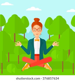 Business woman meditating in lotus pose.