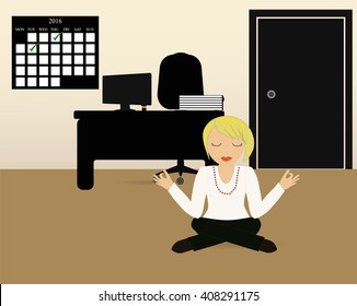 Business woman meditating in lotus pose.