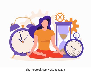 Business woman meditating in office. The girl sits in the lotus position. Planning time for solving problems. Vector flat concept illustration isolated on a white background.