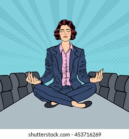 Business Woman Meditating on the Table in Conference Room. Pop Art. Vector illustration