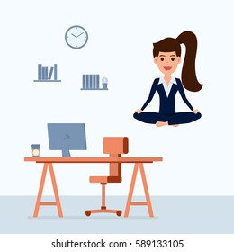 Business woman meditating in peace over the office table. Time management, stress relief and problem solving concepts. Cartoon Vector Illustration.