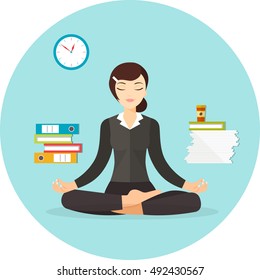 Business Woman Meditating. Work At Office.  Woman In Yoga Pose, Lotus Position. Vector Flat Illustration Isolated 