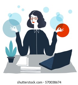 Business woman meditating. Woman in yoga pose. Employee meditating and relaxing in office.  Vector modern creative illustration.