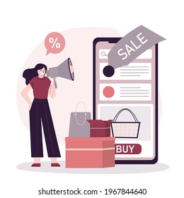 Business woman with megaphone advertising online sale. Female making discount announcement. Mobile phone screen with shopping app. Concept of online purchase, marketing campaign. Vector illustration