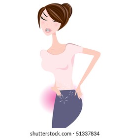 Business woman with menstruation pains. Sad woman with pains. Vector Illustration of business woman isolated on white background.