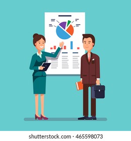 Business Woman And Mentor Giving A Presentation Speech Showing Marketing And Sales Data To A Man. Modern Flat Style Concept Vector Illustration Isolated On White Background.