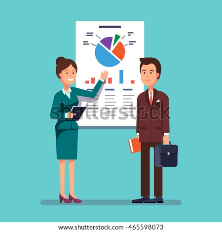 Business woman and mentor giving a presentation speech showing marketing and sales data to a man. Modern flat style concept vector illustration isolated on white background.