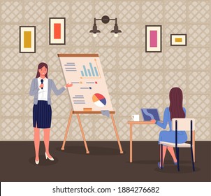 Business woman with a microphone holds presentation on the screen showing bar chart data for girl sitting at table with laptop and cup of coffee. Striped walls conference room, paintings and a lamp