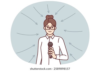 Business woman with microphone stands among arrows for concept of participation in professional seminar or conference. Girl business coach holds mic motivating company team for productive work