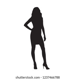 Business Woman In Mini Skirt Standing With Hand On Hip, Isolated Vector Silhouette. Front View