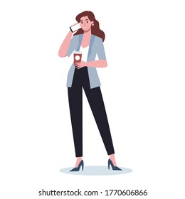 Business woman with mobile phone. Female character in suit holding smartphone. Isolated flat vector illustration