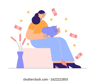 Business woman with money pig concept illustration. Saving or accumulating money. Cartoon character saving money. Finance & saving economy. Flat vector illustration.