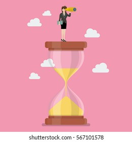 Business woman with monocular on sandglass. Recruitment concept