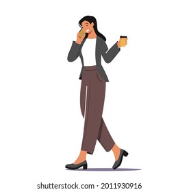 Business Woman Morning Takeaway Drink Refreshment. Young Businesswoman Character in Formal Wear Drinking Coffee from Disposable Cup and Talking by Smartphone. Cartoon People Vector Illustration