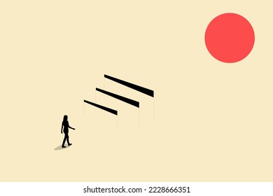Business woman moving forward break the rule. creative solution, goal, success, stereotype, vector concept. Symbol of challenge.