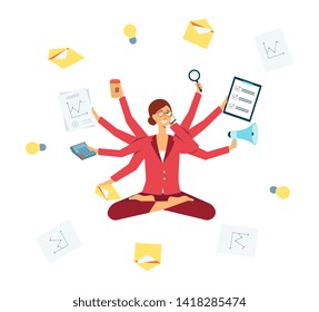 Business Woman Multitasking During Manager Job, Female Hard Worker With Many Arms Busy With Phone, Coffee, Papers. Relaxed Happy Cartoon Character Handling Stress, Isolated Flat Vector Illustration