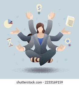 Business woman with multitasking skills. Woman in suit with many arms working on different tasks at the same time. Time management and self improvement. Flat design, vector particles, grain effect