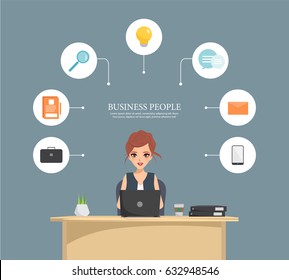 Business woman multitasking working with a laptop in office room. illustration vector of people design.