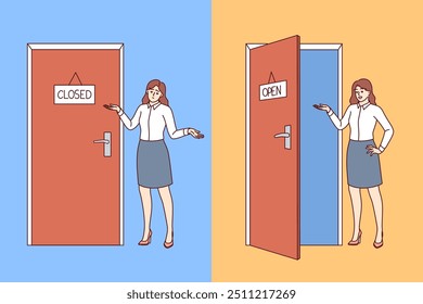 Business woman near office door in open and closed state, for concept of having place in labor market. Businesswoman invites to visit office and get best job offer, learned about good qualifications