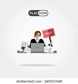 Business woman needs help under a lot of documents in office at the desk and holding a HELP placard.