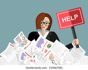 Business woman needs help under a lot of documents and holding a HELP placard.