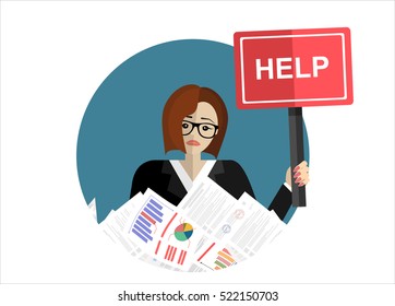 Business woman needs help under a lot of documents and holding a HELP placard.