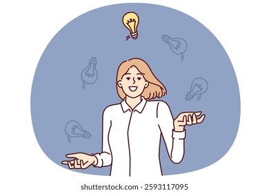 Business woman with lot of new ideas juggles light bulbs choosing best option to complete task assigned by manager. Smart girl with good ideas to launch own startup or move up career ladder