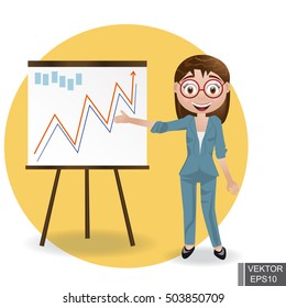 Business WOMAN next chart board. Indicates. Explains. Conducts Successful girl lecture. For your design.