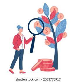 Business woman next to the money tree, looking for opportunity for profitable investments and placement of finances, flat vector illustration isolated on white background. Revenue and income.