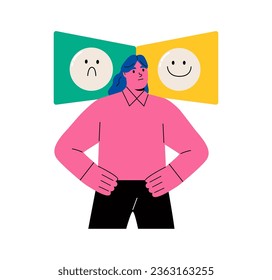 Business woman is next to two icons with sad and cheerful faces. Choice of mood. Flat vector illustration isolated on white background