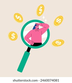 Business woman observing a huge coin with a magnifying glass. Financial study, observation concept. Flat vector illustration isolated on white background

