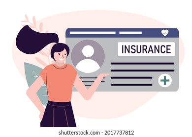 Business woman offers to take out safety insurance. Health and life insurance concept. Medical protection of persons with insuran document. Healthcare and medicine service. Flat vector illustration