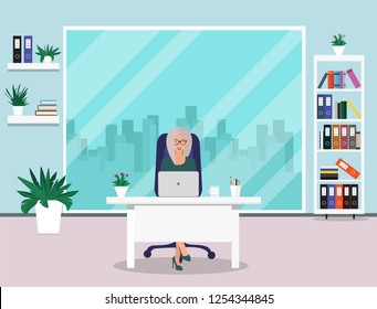 Business woman in office. Beautiful woman sitting at work in office. Manager sitting at table. Office workplace with table, window, desk, chair, coffee cup. Flat style, vector illustration.