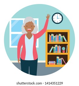 business woman office bookshelf workplace vector illustration