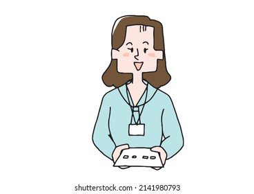 Business woman (office casual) comical handwritten person handing a business card seen from the front Vector