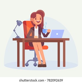 Business woman or office clerk working at her  desk. Woman working with computer and drinking coffee. Flat style, vector illustration.