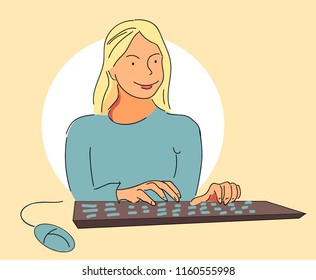 Business woman in the office with a computer keyboard and mouse. Vector illustration. Cartoon.