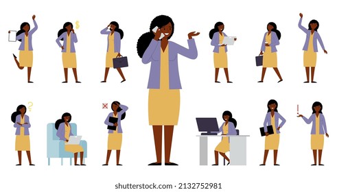 Business woman. Office female character, afro american professional lady. Time management and problem solution, person working process decent vector kit