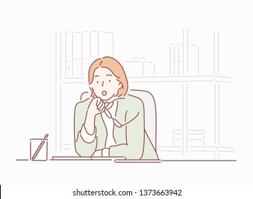 Business woman in office. Hand drawn style vector design illustrations.