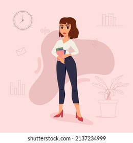 Business woman in office outfit. Business woman stands with documents in her hands. Office dresscode. Flat vector illustration.