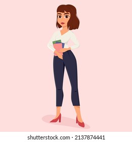 Business woman in office outfit. Business woman stands with documents in her hands. Office dresscode. Flat vector illustration