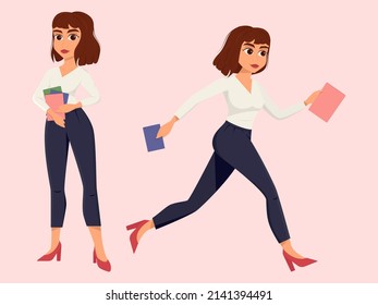 Business woman in office outfit. Business woman stands and in a hurry with documents in her hands. Office dresscode. Flat vector illustration.