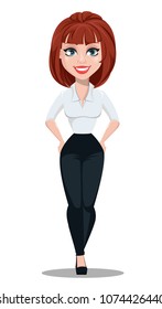 Business woman in office style clothes with brown hair. Businesswoman cartoon character standing with hands on hips. Vector illustration on white background
