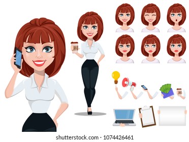 Business woman in office style clothes with brown hair. Cheerful businesswoman cartoon character creation set, pack of body parts and emotions. Vector illustration on white background