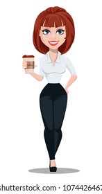 Business woman in office style clothes with brown hair. Businesswoman cartoon character holding a cup of coffee while coffee break. Vector illustration 