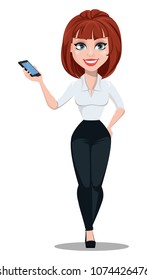 Business woman in office style clothes with brown hair. Businesswoman cartoon character holding smartphone. Vector illustration on white background