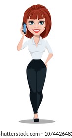 Business woman in office style clothes with brown hair. Businesswoman cartoon character talking via smartphone. Vector illustration on white background
