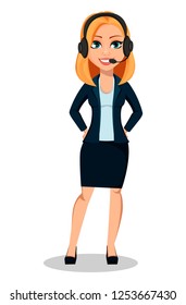 Business woman in office style clothes. Modern lady businesswoman wearing headset. Cheerful cartoon character. Vector illustration on white background.