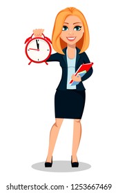 Business woman in office style clothes. Modern lady businesswoman holding alarm clock and documents. Cheerful cartoon character. Vector illustration on white background.