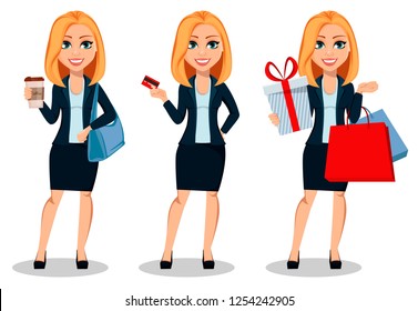 Business woman in office style clothes, set of three poses. Modern lady businesswoman holds coffee, holds credit card and holds shopping bags. Cheerful cartoon character. Vector illustration